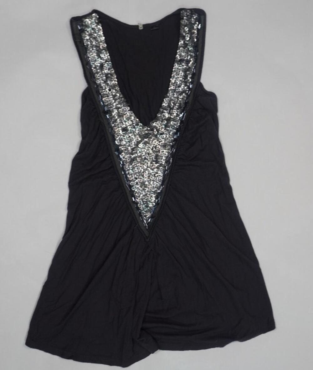 Y2K Black Silver Sequin Beaded Deep V Ruched Tank Top S